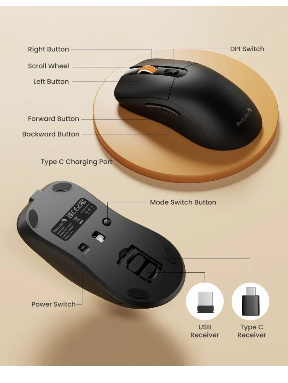 ProtoArc EM15 USB C Mouse, Bluetooth Wireless Mouse for MacBook, Black68g